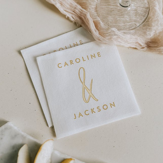 Serviettes Avec Dorure Couples Nom Ampersand Mariage à main or (Couples Name Hand-Drawn Ampersand Wedding Gold Foil Napkins)