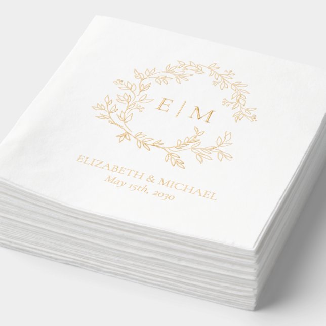 Serviettes Avec Dorure Crête feutrée moderne Simple Monogramme Mariage Or (Détail)