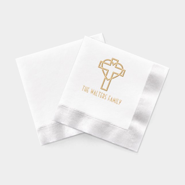 Serviettes Avec Dorure Croix avec nom de famille et cœur entrelacé (Verso)