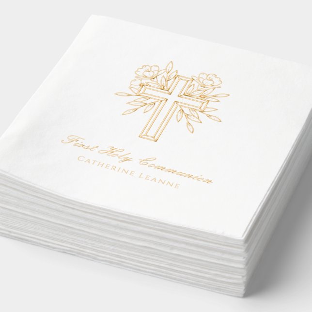 Serviettes Avec Dorure Croix florale personnalisée Première sainte commun (Détail)