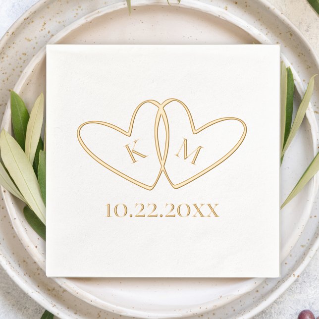 Serviettes Avec Dorure Deux Coeurs Initiales et Mariage Date simple (Gold foil two double interlocking hearts with couple's initials inside. Wedding date below Simple )