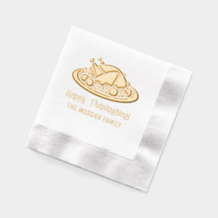 Serviettes Avec Dorure Dinde sur plat Joyeux Thanksgiving Nom de famille