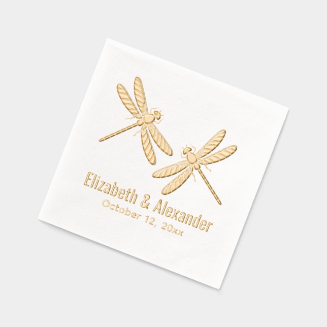 Serviettes Avec Dorure Élégant 2 Libellules Mariage Couple Nom Date (Gauche)