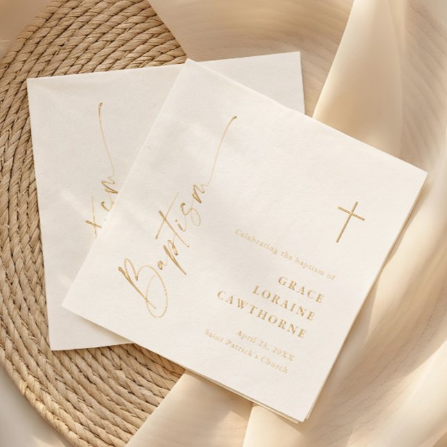 Serviettes Avec Dorure Élégant Baptême De Style Moderne  (Modern script baptism foil napkins.)