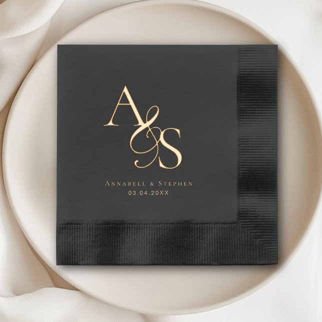 Serviettes Avec Dorure Élégant, Classique, Monogramme, Mariage (Elegant, Classic, Monogram, Wedding Foil Napkins with your Name, Initials and Text.)