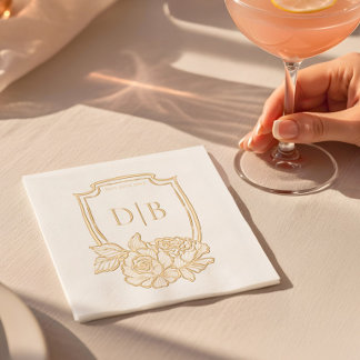 Serviettes Avec Dorure Élégant Couples de crête florale Monogramme Mariag