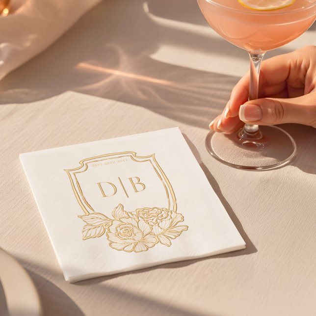 Serviettes Avec Dorure Élégant Couples de crête florale Monogramme Mariag (Elegant Floral Crest Couples Monogram Wedding Date Foil Napkins)