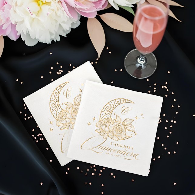 Serviettes Avec Dorure Élégant croissant floral Lune Monogram Quinceanera (Elegant Floral Crescent Moon Monogram Quinceanera Foil Napkins)