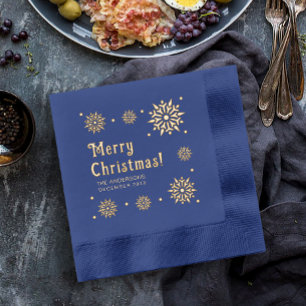 Serviettes Avec Dorure Élégant Glam Retro Blue Merry Christmas Snowflake