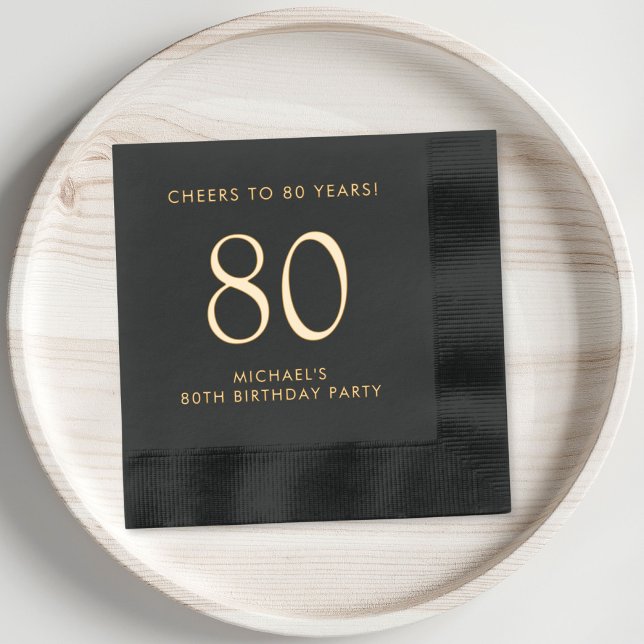 Serviettes Avec Dorure Elégant Homme 80e fête d'anniversaire (Elevate his 80th birthday party decor with these classic and elegant black and gold foil napkins)