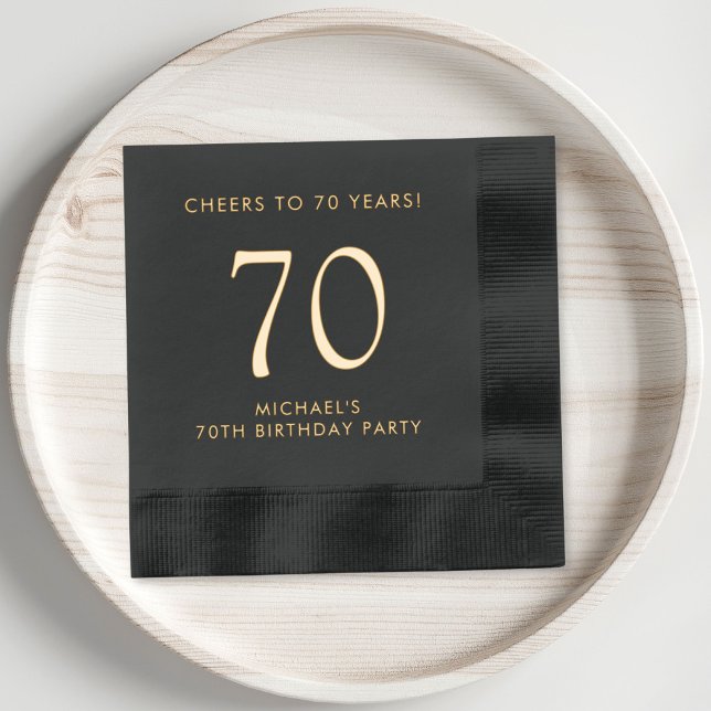 Serviettes Avec Dorure Elégant Hommes 70e fête d'anniversaire (Elevate his 70th birthday party decor with these classic and elegant black and gold foil napkins)