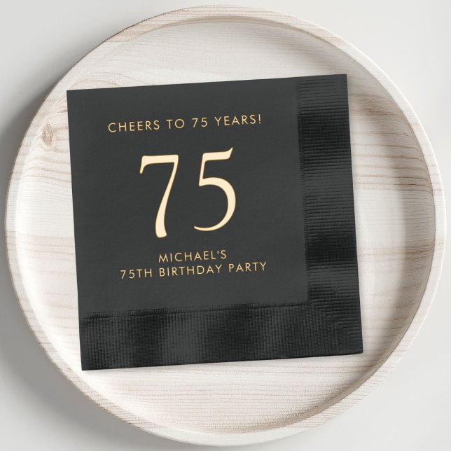 Serviettes Avec Dorure Elégant Hommes 75e fête d'anniversaire (Elevate his 75th birthday party decor with these classic and elegant black and gold foil napkins)