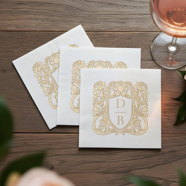 Serviettes Avec Dorure Elegant Luxury Hand Drawn Crest Wedding Monogram (Elegant Luxury Hand Drawn Crest Wedding Monogram Foil Napkins)