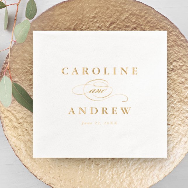 Serviettes Avec Dorure Élégant Mariage Classique Script (Elegant typography script wedding real foil napkins.)
