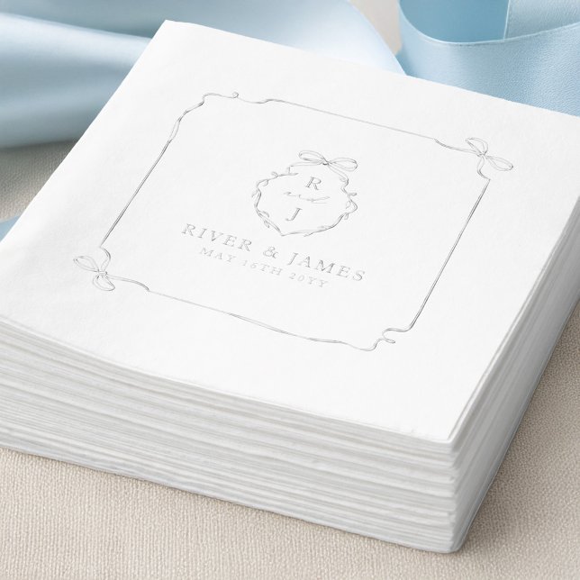 Serviettes Avec Dorure Élégant Mariage de monogramme à main et à ruban (Elegant Hand Drawn Bow & Ribbon Monogram Wedding Foil Napkins)