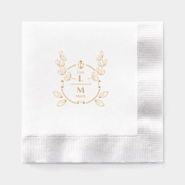 Serviettes Avec Dorure Élégant Mariage de monogramme floral (Recto)