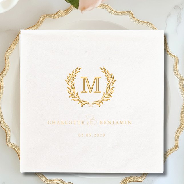 Serviettes Avec Dorure Élégant Monogramme de crête Mariage blanc (Elegant Crest Monogram White Wedding Foil Napkins)