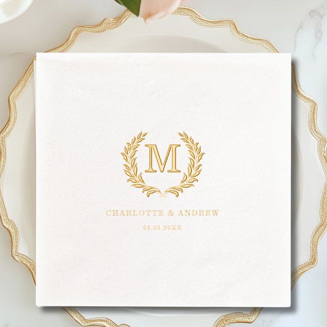 Serviettes Avec Dorure Élégant Monogramme de crête Mariage blanc (Elegant Crest Monogram White Wedding Foil Napkins)