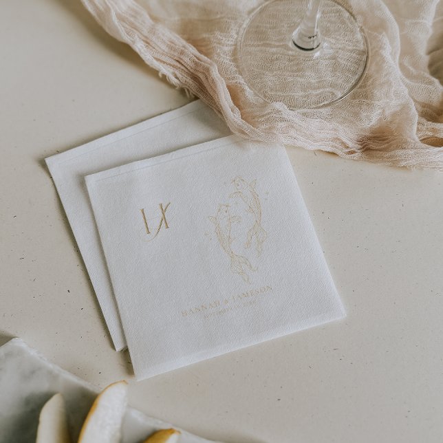 Serviettes Avec Dorure Élégant Monogramme | Mariage Poisson Koi Or (Créateur téléchargé)