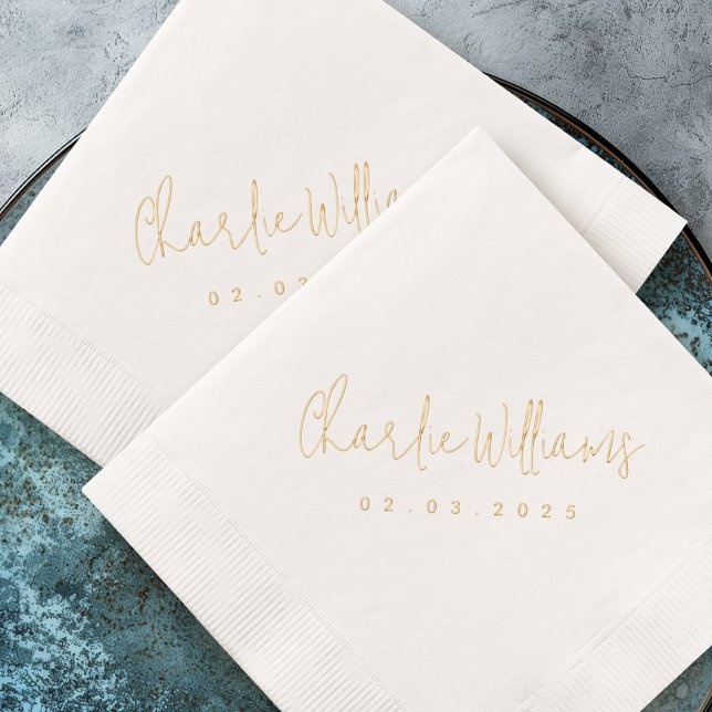 Serviettes Avec Dorure Elégant nom de style manuscrit date réelle (Elegant handwritten style name date real foil napkins)
