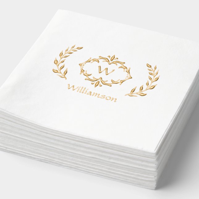 Serviettes Avec Dorure Élégant nom Monogramme Fancy Wreath White Gold (Détail)