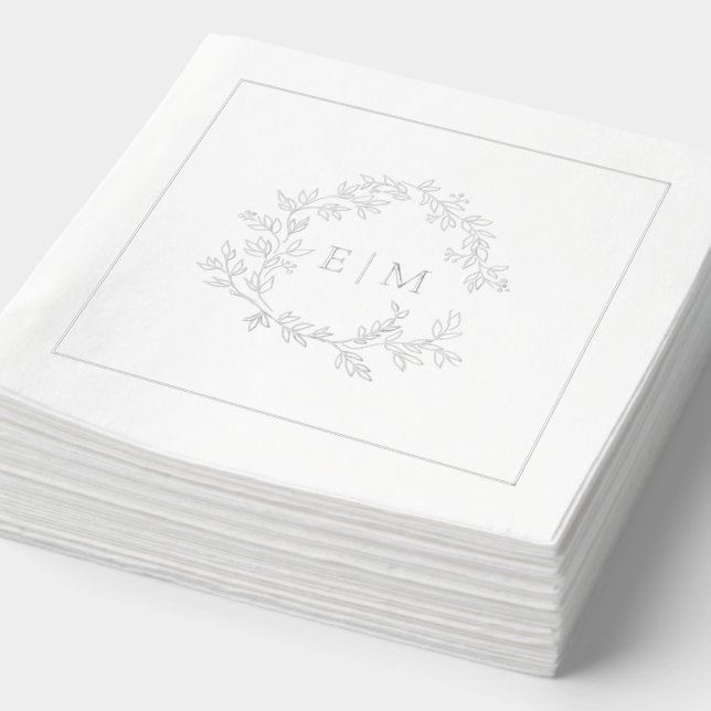 Serviettes Avec Dorure Élégant poitrine feuillue Monogramme Mariage Argen (Détail)