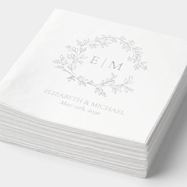 Serviettes Avec Dorure Élégant poitrine feuillue Monogramme Mariage Argen (Détail)