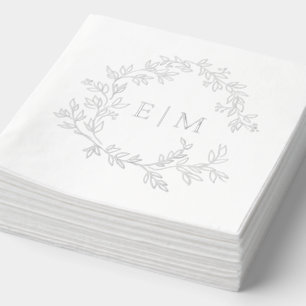 Serviettes Avec Dorure Élégant poitrine feuillue Monogramme Mariage Argen