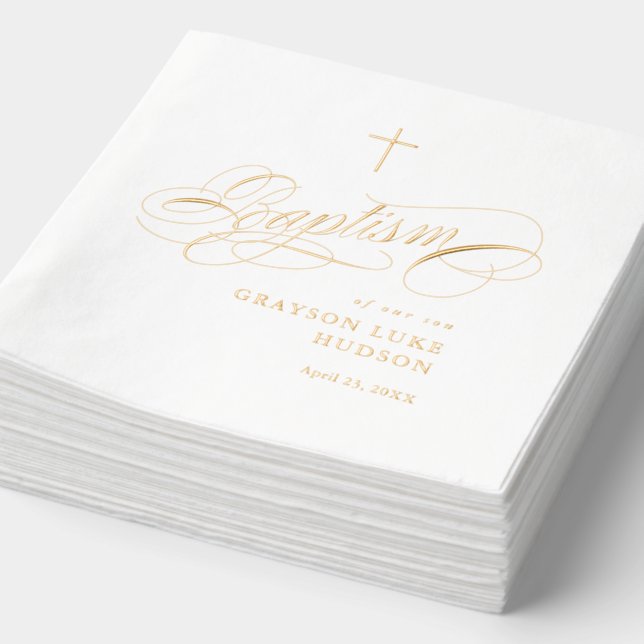 Serviettes Avec Dorure Élégant Script Calligraphie Genre Baptême neutre (Détail)