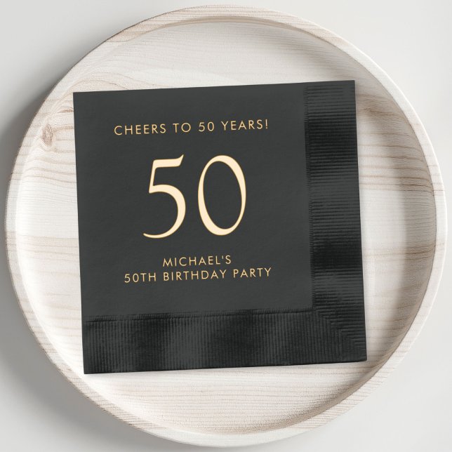 Serviettes Avec Dorure Élégante fête du 50e anniversaire masculin (Elevate his 50th birthday party decor with these classic and elegant black and gold foil napkins)