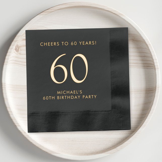 Serviettes Avec Dorure Élégante fête du 60e anniversaire (Elevate his 60th birthday party decor with these classic and elegant black and gold foil napkins)