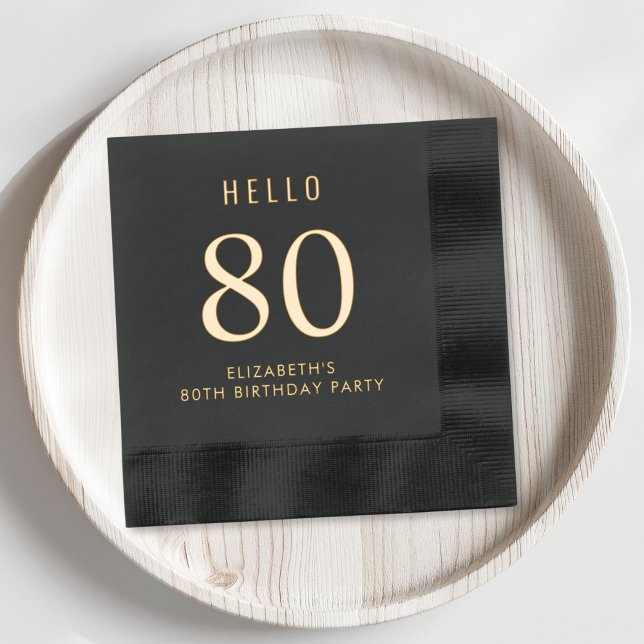 Serviettes Avec Dorure Elégante fête du 80e anniversaire (Elevate their 80th birthday party decor with these classic and elegant black and gold foil napkins)