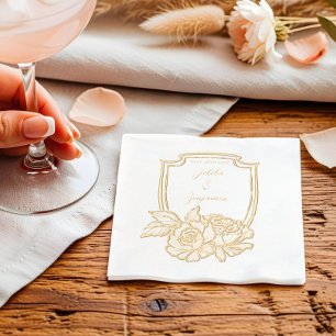 Serviettes Avec Dorure Élégants Couples de crête florale Nom et Mariage D
