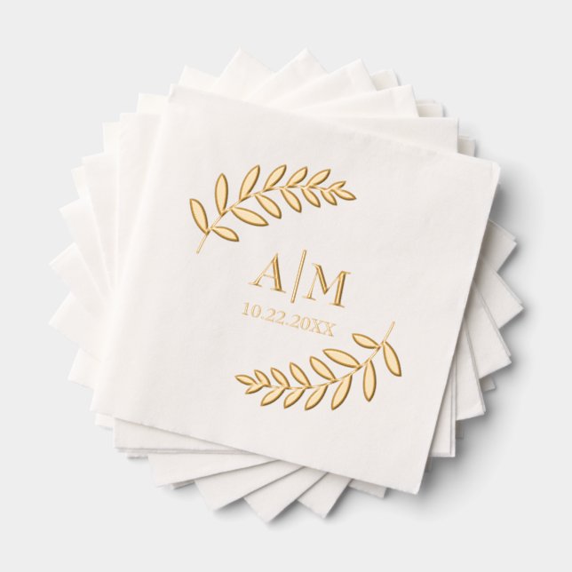 Serviettes Avec Dorure Feuille Botanique Moderne Monogramme & Mariage Dat (Insitu (empilé))