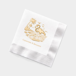 Serviettes Avec Dorure Flamant dans l'eau, plage, palmiers avec couple Nm