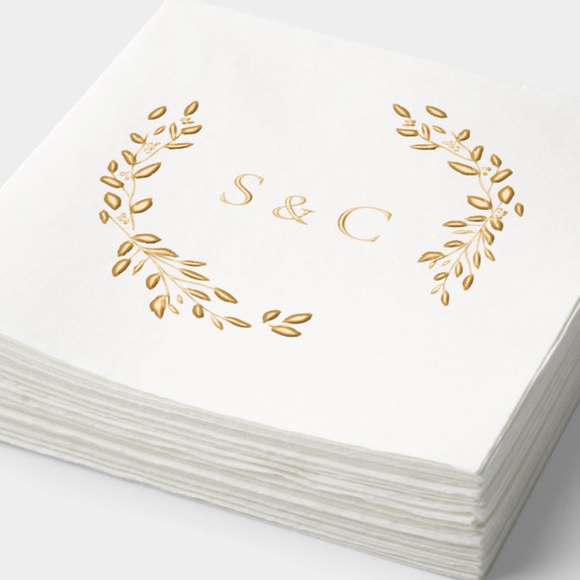 Serviettes Avec Dorure Gold Foil Monogramme Wreath Mariage élégant (Détail)