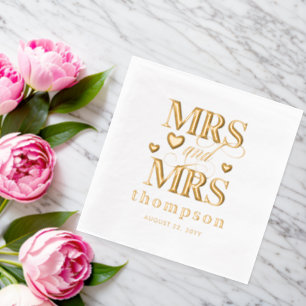 Serviettes Avec Dorure Gold Hearts Mrs & Mrs Lesbian Mariage