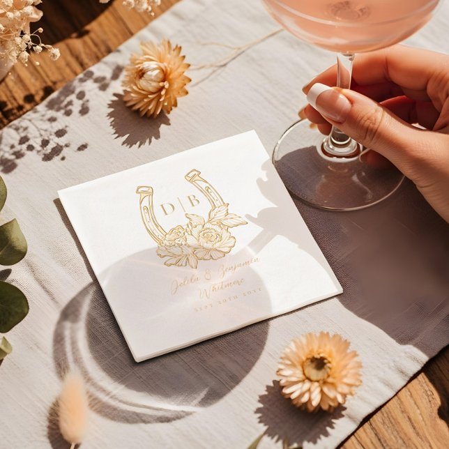 Serviettes Avec Dorure Horseshoe Floral Occidental Monogramme de mariage  (Western Floral Horseshoe Custom Wedding Monogram Foil Napkins)