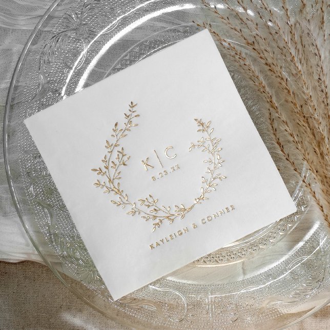 Serviettes Avec Dorure Initiales Élégantes Botanique Or Mariage Chic (Custom Wedding Napkins - Gold foil stamped personalized elegant wedding napkins with a boho wreath)