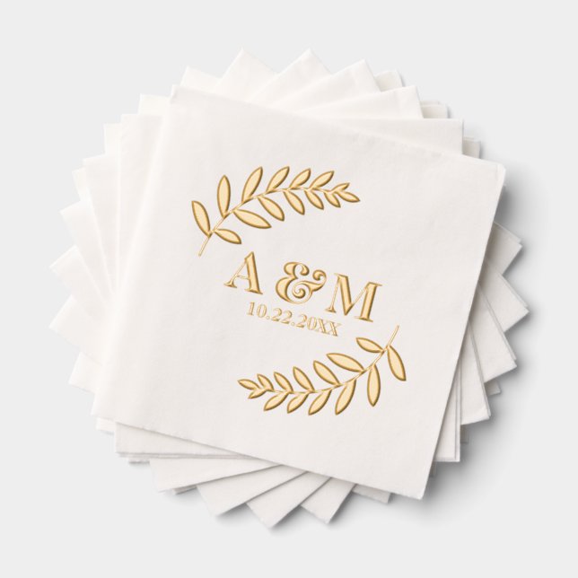 Serviettes Avec Dorure Initiales et Mariage de date du monogramme de feui (Insitu (empilé))