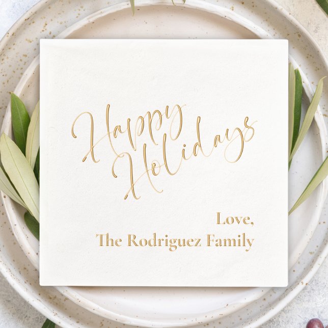 Serviettes Avec Dorure "Joyeuses fêtes" Message personnalisé fête de vaca (Happy Holidays custom personalized gold foil holiday party napkins calligraphy script cute modern )