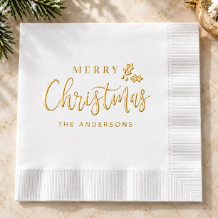 Serviettes Avec Dorure Joyeux Noël écriture élégante en or Nom de famille