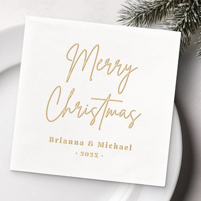 Serviettes Avec Dorure Joyeux Noël écriture manuscrite nom personnalisé (Merry Christmas handwritten script custom name Foil Napkins)