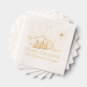 Serviettes Avec Dorure Joyeux Noël Montagnes Arbres Nom de Famille