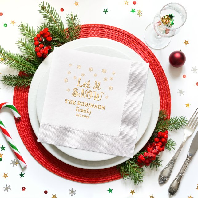 Serviettes Avec Dorure Let It Snow Snowflakes Noël Nom de famille Date ("Let It Snow" Snowflakes Christmas Family Name and Date Established Stamped Foil Napkins)