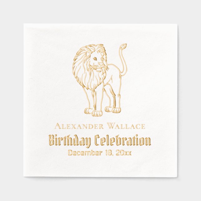 Serviettes Avec Dorure Lion Standing Anniversaire Fête Nom Date (Recto)