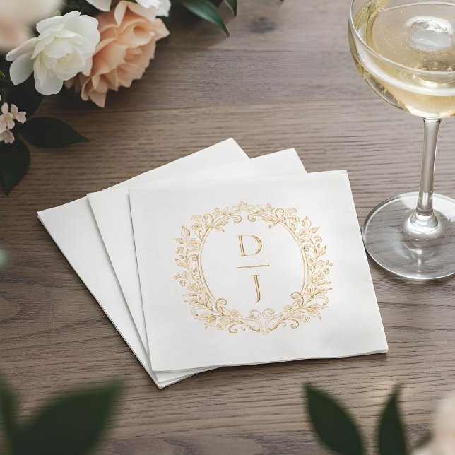 Serviettes Avec Dorure Luxury Hand Drawn Floral Vine Crest Monogram (Luxury Hand Drawn Floral Vine Crest Monogram Foil Napkins)
