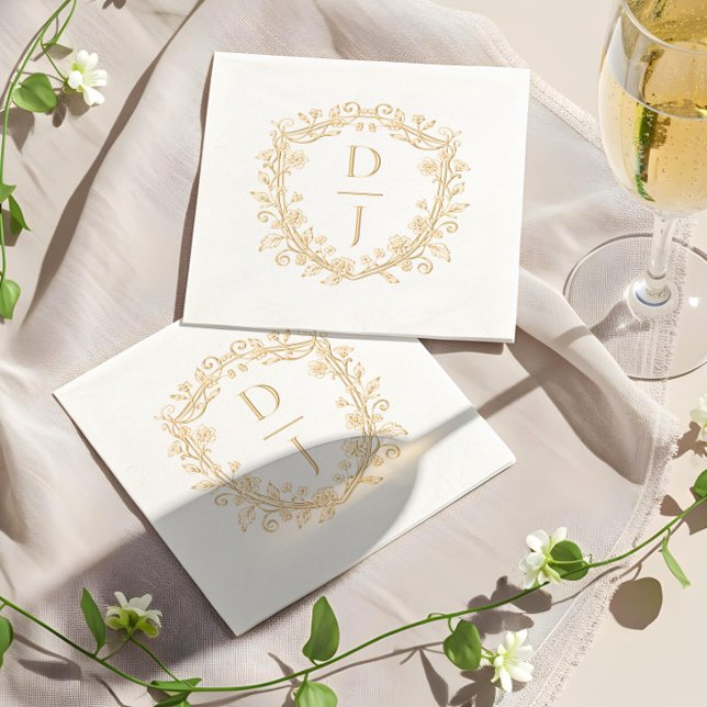 Serviettes Avec Dorure Luxury Hand Drawn Floral Vine Crest Monogram  (Luxury Hand Drawn Floral Vine Crest Monogram Foil Napkins)