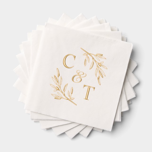Serviettes Avec Dorure Mariage élégant Monogramme Feuilles de verdure (Insitu (empilé))