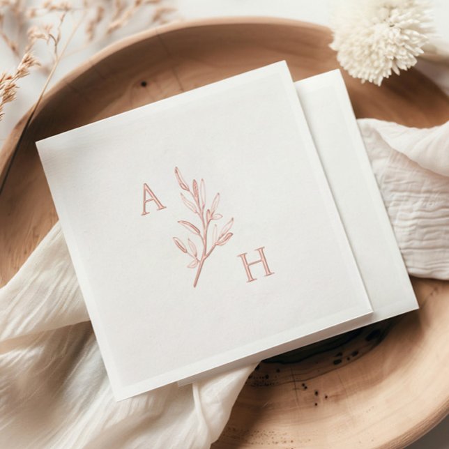 Serviettes Avec Dorure Mariage élégant Monogramme Feuilles de verdure (Elegant minimal wedding monogram with greenery foil napkins.)